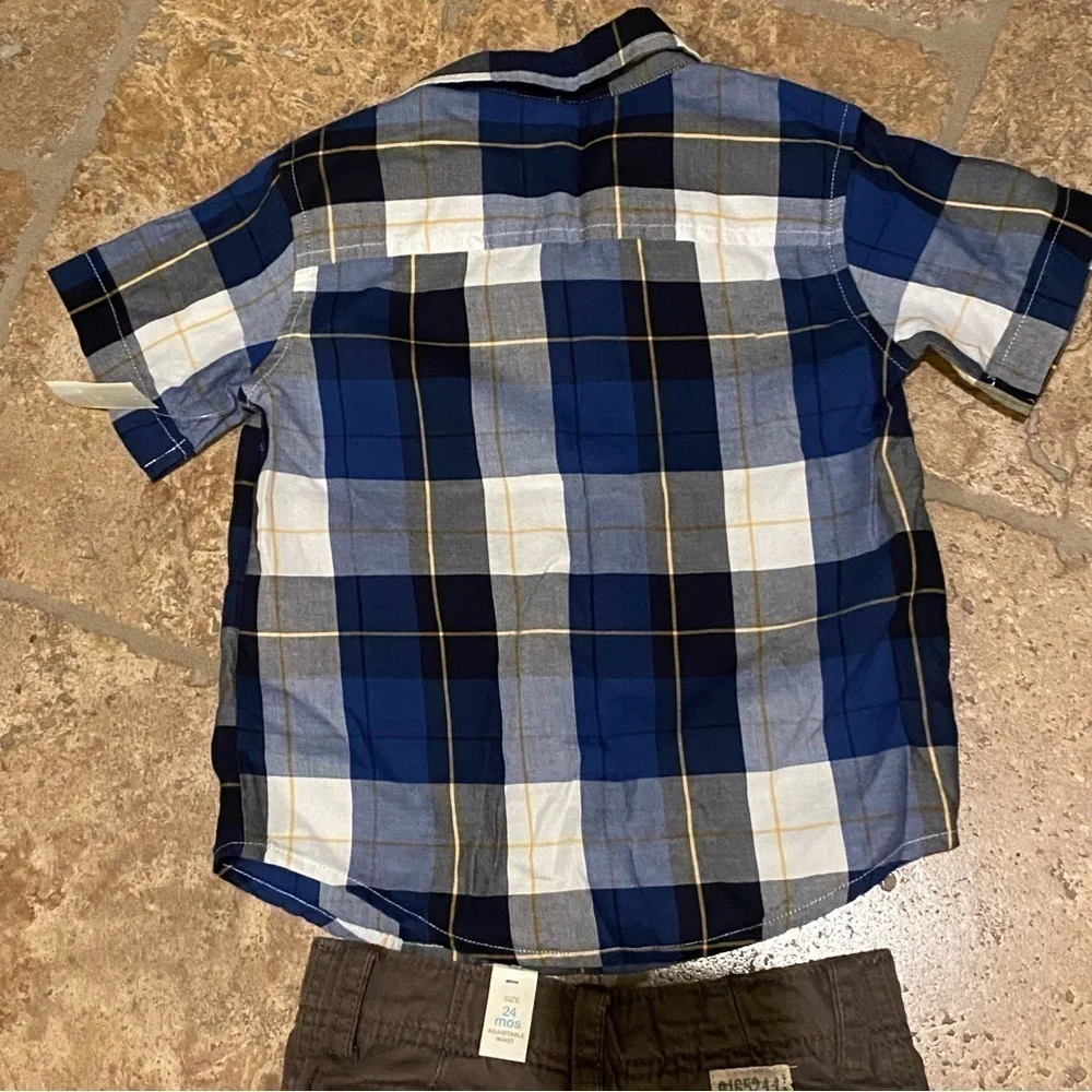 NWT~OLD NAVY CHILDREN’S PLACE Boys Blue Plaid Top & Brown Cargo Shorts -2 Yrs